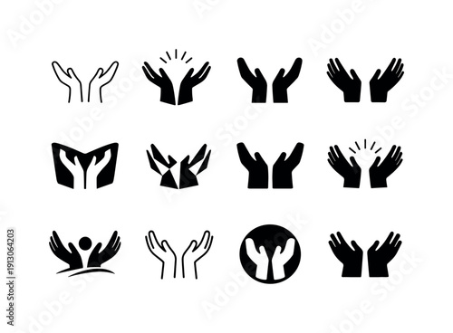 Hands in the air. Icon set. Set Logo of Hands in the air: freedom raised arms symbol. harmonious logo variations of the same emblematic