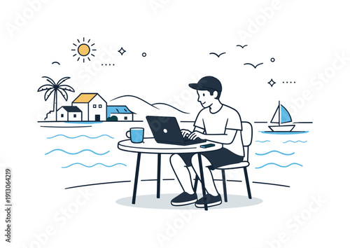 Digital nomad work in coastal towns. A remote worker using a laptop at a small table near the sea, calm waves and buildings in the