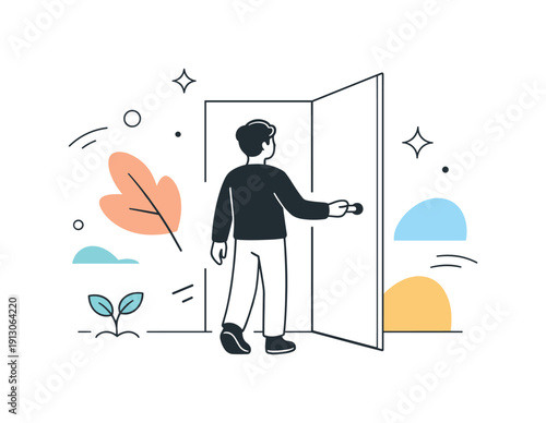 New beginnings after a breakup. A person opening a door with soft light coming through, abstract shapes floating around. The scene