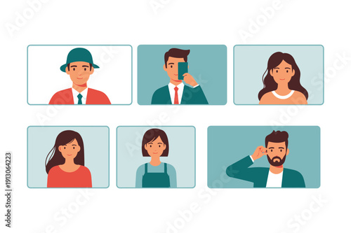 Partial view of a woman in red with dark hair against a blue background