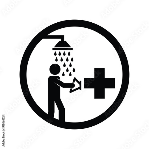 Vector illustration icon black icon of person showering with medical cross