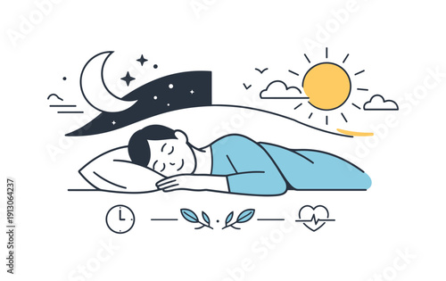 The science of sleep and its impact on health. A night-to-morning transition scene with moon and sun shapes above a sleeping person. The