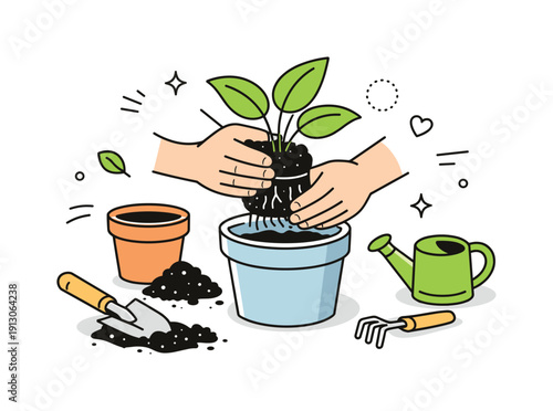 Calm Repotting Scene. Repotting houseplants. Hands transferring a plant into a new pot, calm and careful. Simple tools and soil shapes suggest a relaxed