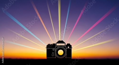 Wallpaper Mural A vintage camera with colorful rays of light against a vibrant sunset sky. Torontodigital.ca