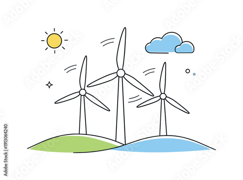 Future wind power. Stylized windmill blades rising above a simple landscape, sun and cloud icons arranged softly. Clean energy, optimism,