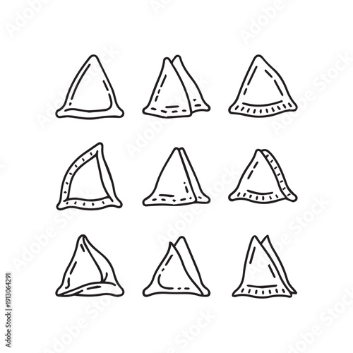 Hand Drawn Samosa Icons, Set of Nine Triangular Food Illustrations, Vector Graphics