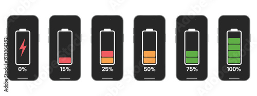 Discharged and fully charged smartphone battery icon set, showcasing battery level indicators from 0% to 100% for apps, dashboards, and electronic displays.