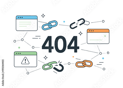 network scene. Abstract browser windows and chain links floating among dotted connection paths, with a few links visibly broken or missing.