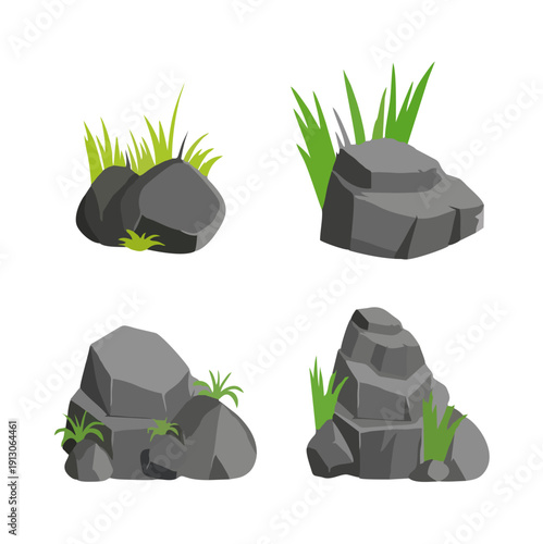 Rock stone set with grass for landscape background.