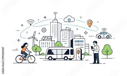 Harmonious Smart Cityscape. Smart city. Clean cityscape with connected buildings and soft signal lines, calm editorial scene showing efficient urban technology