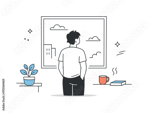    Everyday boredom realism. Person standing near a window, staring outside absentmindedly, soft shadows and minimal objects around. Quiet