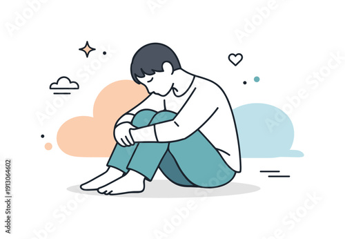 Quiet Vulnerability. Facing a personal crisis with vulnerability. A single character sitting quietly with head slightly lowered, surrounded by soft abstract