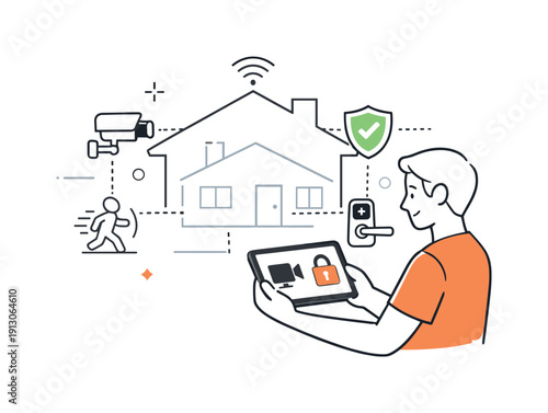 Smart home security system. A homeowner checking a tablet with camera and lock icons, house silhouette in the background showing connected