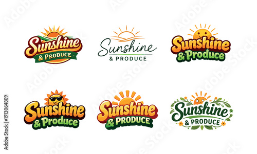 Diverse Lettering Styles. Sunshine & produce. Set lettering. harmonious lettering variations of the same emblematic concept, each with different artistic