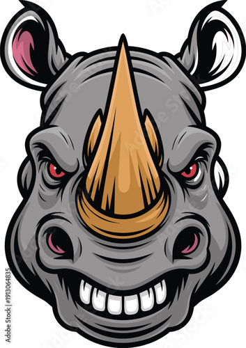 Angry rhino head mascot with a sharp horn and red eyes for sports team branding fitness gym logo wildlife conservation and safari animal design, (24 words)