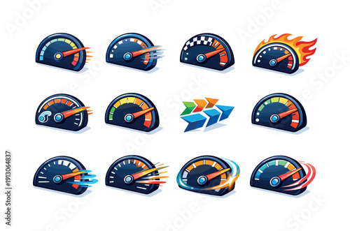 Speedometer in motion. Colorful isometric vector icons set of speedometer in motion: accelerating speedometer, motion blur needle, racing