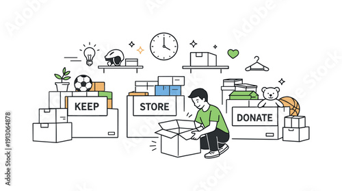 Garage Organization Progress. Decluttering the garage. Boxes being sorted into keep, store, and donate sections inside a tidy garage. Thoughtful organization