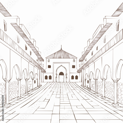 Detailed line drawing of a grand mosque courtyard with arched walkways and a central entrance.