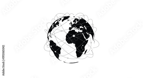 Black and white abstract globe design illustrating global communication networks and data connections