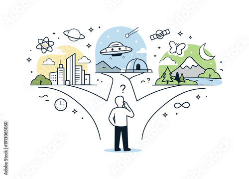 Parallel universes exploration. A thinker standing at a crossroads of multiple realities, each path leading to a different world. Soft cosmic