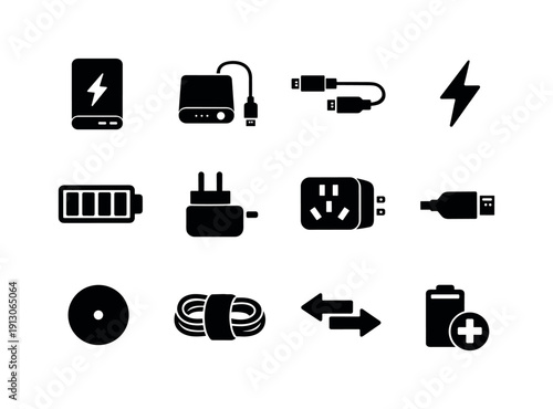 Portable Charging Icons. Portable charging solution. Solid icon set of Portable charging solution: power bank, portable charger, USB cable, fast charging bolt,
