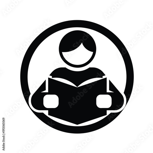 Vector illustration icon simple black and white icon of a person reading a book in a circular frame