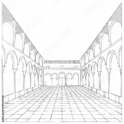 Detailed architectural drawing of a large arched hallway with columns and tiled floor.