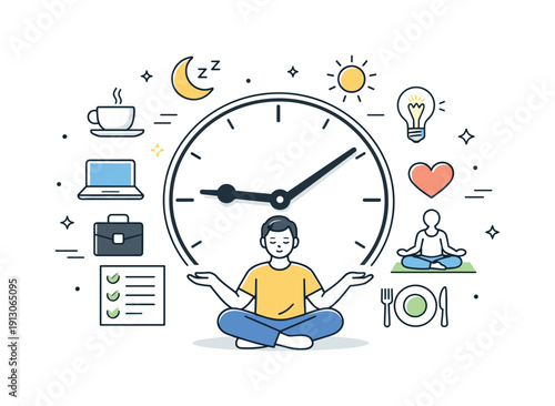 Work-life balance planning. Person dividing time between work and personal activities shown as simple icons around a clock. Peaceful scene