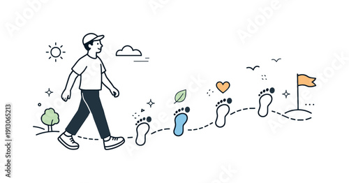 Consistency over intensity. Person going for a relaxed walk outdoors, enjoying movement without pressure. Calm progress feeling with step