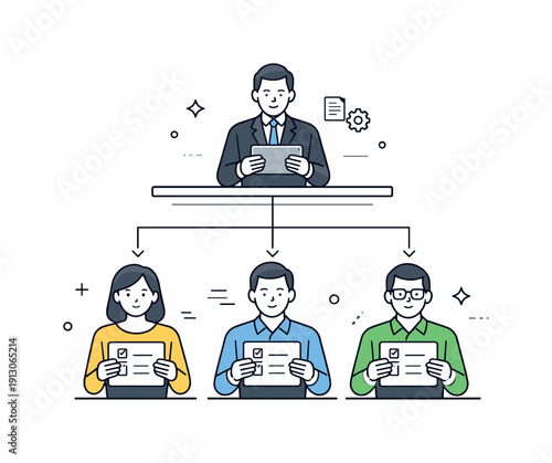    Centralized management. A manager at the top of a vertical structure reviewing plans on a tablet, while team members below receive identical