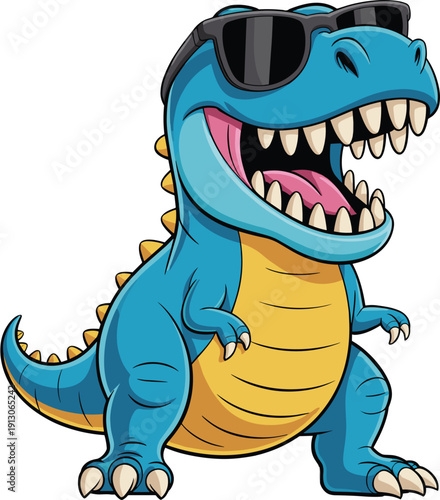 Cool blue cartoon Tyrannosaurus Rex mascot wearing black sunglasses and laughing for children education prehistoric theme park ancient wildlife and dinosaur monster branding
