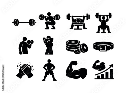  Strength workout. Solid icon set of Strength workout: deadlift bar, squat exercise, bench press lift, shoulder press, bicep curl, tricep