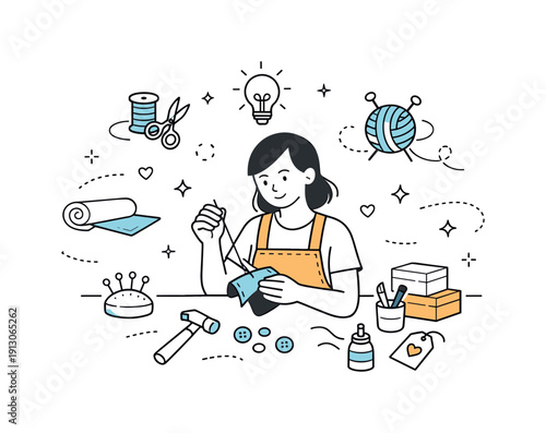 Handmade product creation. A small business owner crafting items by hand, subtle tool and material icons floating, cozy and