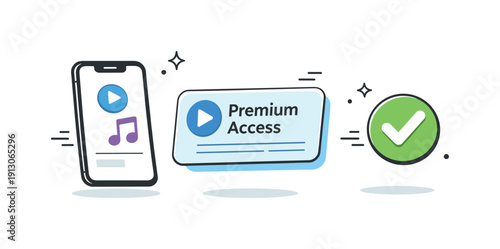 Digital subscription service items. A smartphone, app card, and confirmation checkmark floating neatly in space. The illustration represents