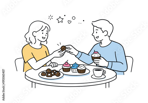   Sweet celebration together. People sharing desserts on a small table, cupcakes and chocolates as symbols of care. Calm friendly interaction,