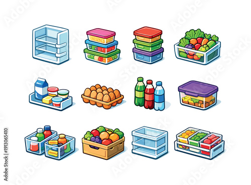 Colorful Fridge Organization Icons. Organizing fridge shelves. Colorful isometric vector icons set of organizing fridge shelves: fridge interior shelves,