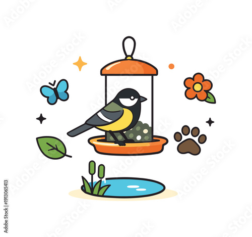 Bird feeding and observing local wildlife symbolized by a single bird perched calmly on a feeder with minimal nature icons surrounding it.