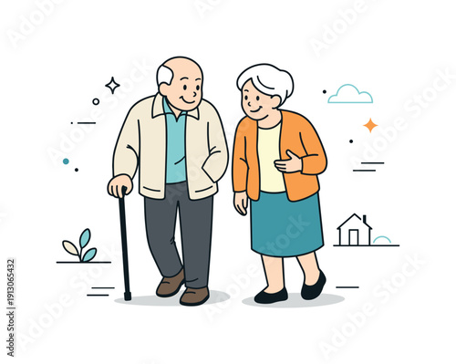    Elderly people everyday calm. Two elderly people walking slowly side by side, slightly leaning forward, sharing a quiet conversation. Soft
