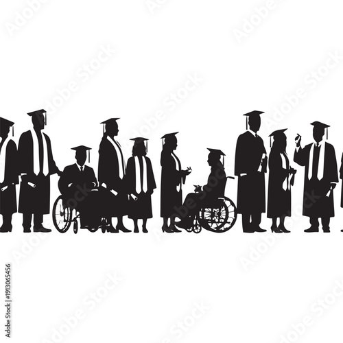 Diverse group of graduates in black gowns and caps, including individuals in wheelchairs, celebrating achievement.