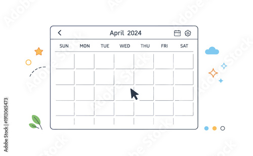 Calendars without events. A clean digital calendar screen with all days empty, cursor hovering quietly. Editorial moment expressing pause,