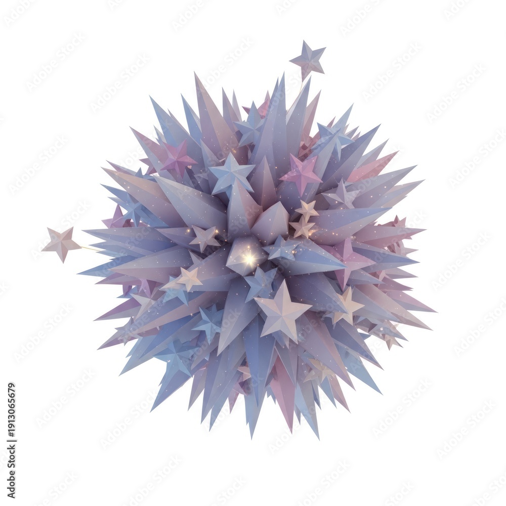 Fototapeta premium Spherical burst of pastel sharp shapes with star accents, isolated on white