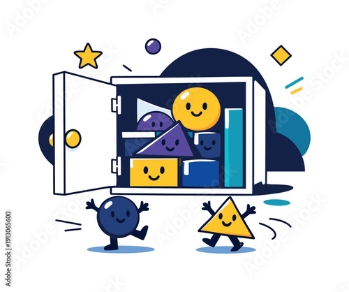   Storage organization scene. Cabinet door swinging open to reveal neatly stacked shapes