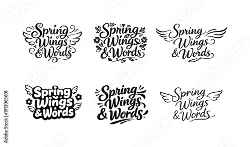 Spring wings and words. Set lettering. harmonious lettering variations of the same emblematic concept, each with different artistic