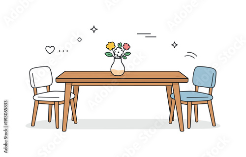 Minimalist wooden dining table. A clean wooden dining table with simple chairs and a small vase of fresh flowers, calm and balanced. The