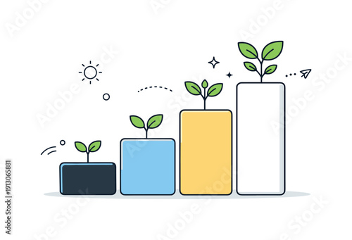 Minimal Growth Symbolism. Balanced progress symbolism. A minimal scene showing stacked blocks with small plants growing on top, representing steady,