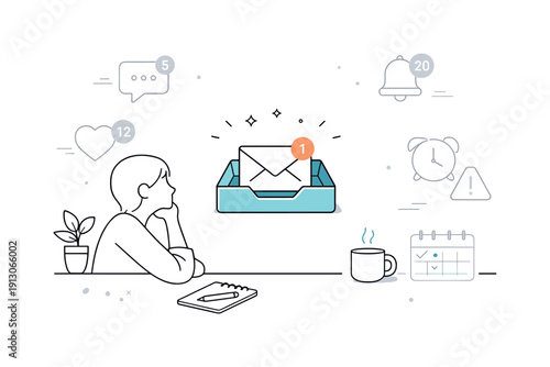    Awaiting important message. A thoughtful editorial scene with an inbox highlighted softly while surrounding notifications are muted. The