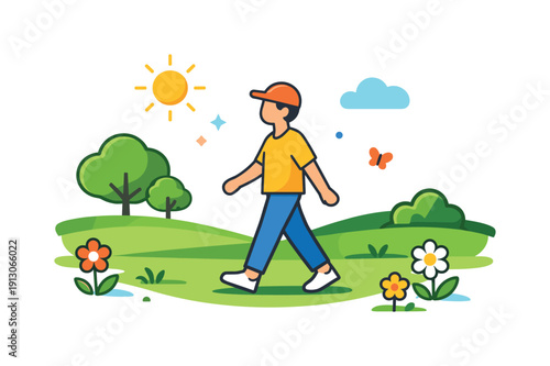 Taking a leisurely walk in the park on a sunny day conveyed through a wide lawn, scattered flowers and a strolling figure enjoying open