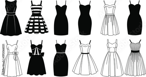 Fashion dress collection with varied necklines, sleeves, waistlines, skirt shapes, striped patterns, bows, solid black designs, stylish silhouettes, apparel