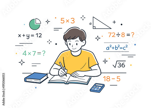 Practicing math problem-solving. Student calmly working through math exercises at a desk, focused learning and steady progress. Numbers,