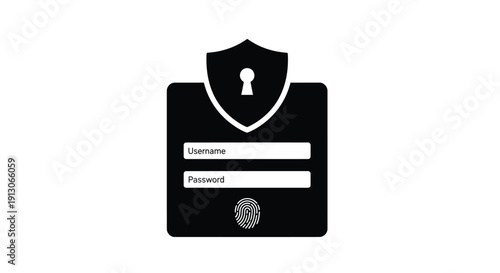 Black and white security login interface featuring username password fields and a fingerprint icon